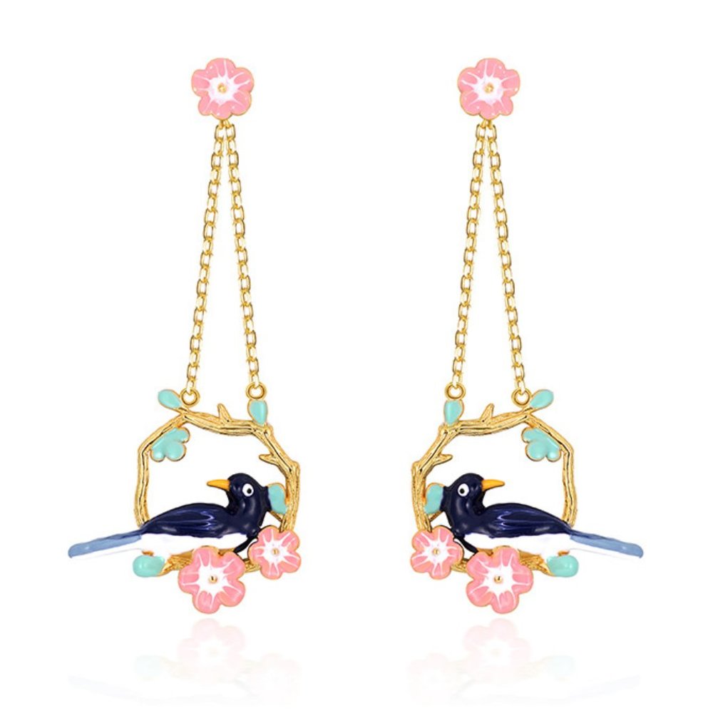 Gold Vermeil Gold layered over Sterling Silver Enamel Bird Necklace flower Chain - Picture 2 of 5